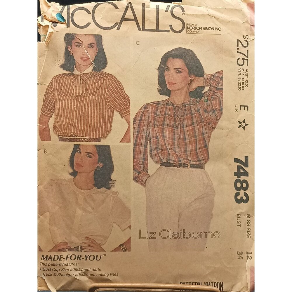 Vintage McCalls Liz Claiborne Sewing Pattern 7483 Misses Blouses Size 12